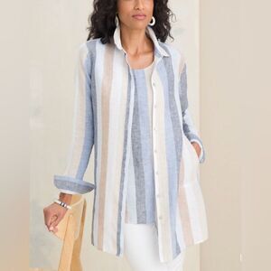 Chicos No-Iron Linen Striped Long Sleeve Button Up Tunic Shirt Size 16